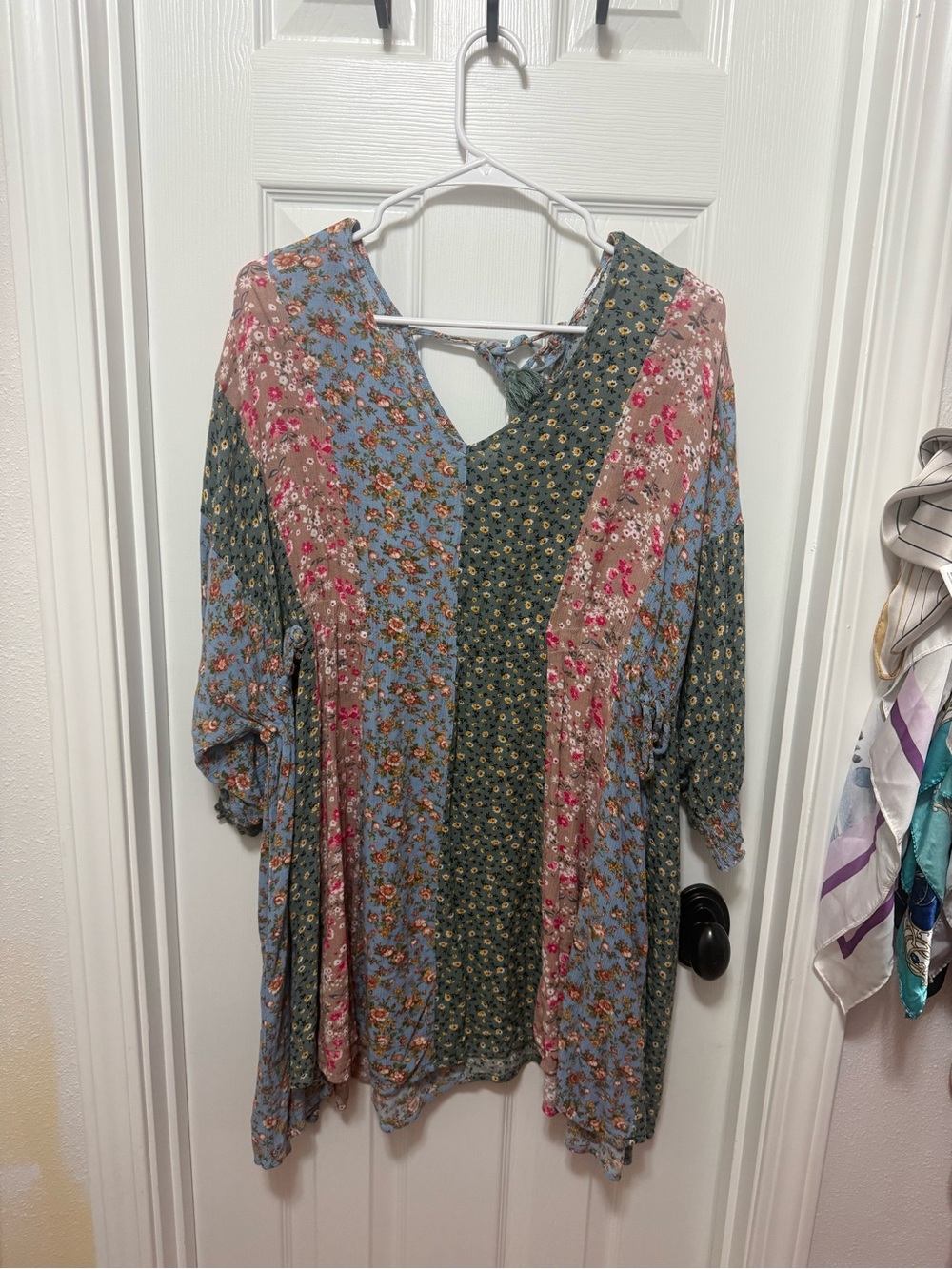 Boho Floral Patchwork V-Neck Tunic - Blue Pink Green